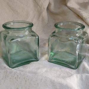 Set of 2 Square Jars Vases Heavy Sea Recycled Green Blue Glass EXC